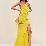 Gloria One Shoulder Ruffle Maxi Chiffon Dress