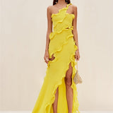 Gloria One Shoulder Ruffle Maxi Chiffon Dress