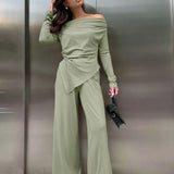 Gray Knit Off-the-Shoulder High Waist Wide Leg Two Piece Set