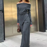 Gray Knit Off-the-Shoulder High Waist Wide Leg Two Piece Set