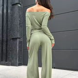 Gray Knit Off-the-Shoulder High Waist Wide Leg Two Piece Set