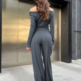 Gray Knit Off-the-Shoulder High Waist Wide Leg Two Piece Set