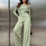 Gray Knit Off-the-Shoulder High Waist Wide Leg Two Piece Set