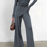 Gray Knit Off-the-Shoulder High Waist Wide Leg Two Piece Set