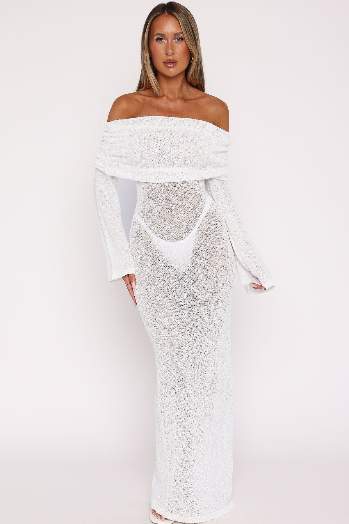Made It Out Long Sleeve Boucle Maxi Dress White