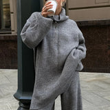 Half-Zip Knit Collared Long Sleeve Wide Leg Two Piece Set
