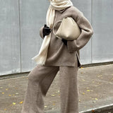 Half-Zip Knit Collared Long Sleeve Wide Leg Two Piece Set