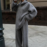 Half-Zip Knit Collared Long Sleeve Wide Leg Two Piece Set