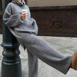 Half-Zip Knit Collared Long Sleeve Wide Leg Two Piece Set