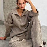 Half-Zip Knit Collared Long Sleeve Wide Leg Two Piece Set