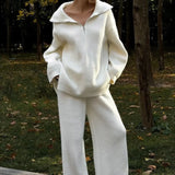 Half-Zip Knit Collared Long Sleeve Wide Leg Two Piece Set