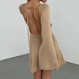 Women Knitted Casual Solid Color Backless Long Sleeve Party Streetwear Mini Dress