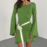 Women Knitted Casual Solid Color Backless Long Sleeve Party Streetwear Mini Dress