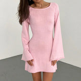 Women Knitted Casual Solid Color Backless Long Sleeve Party Streetwear Mini Dress