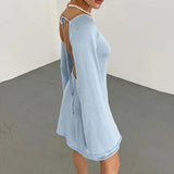 Women Knitted Casual Solid Color Backless Long Sleeve Party Streetwear Mini Dress