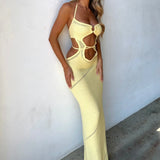 Women's Sleeveless Knit Long Summer Spring Solid Color Halter Front Cutout Back Maxi Dress