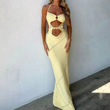 Women's Sleeveless Knit Long Summer Spring Solid Color Halter Front Cutout Back Maxi Dress