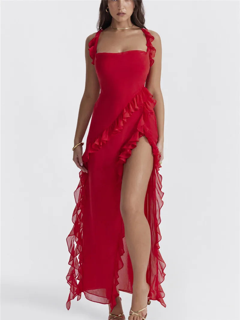 Women's Ruffle Solid Color High Split Party Cocktail Summer Bodycon Maxi Dress