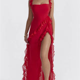 Women's Ruffle Solid Color High Split Party Cocktail Summer Bodycon Maxi Dress
