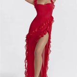Women's Ruffle Solid Color High Split Party Cocktail Summer Bodycon Maxi Dress