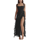 Women's Ruffle Solid Color High Split Party Cocktail Summer Bodycon Maxi Dress