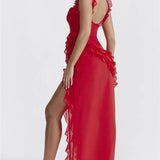 Women's Ruffle Solid Color High Split Party Cocktail Summer Bodycon Maxi Dress