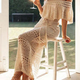 Women's Tube Top Off Shoulder Knit Pattern Hollow Tie Up Summer Boho Dress
