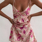 Floral Boho Pink Flower Print Bohemian Beach Style Ruffled Backless Mini Dress