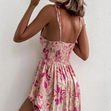 Floral Boho Pink Flower Print Bohemian Beach Style Ruffled Backless Mini Dress