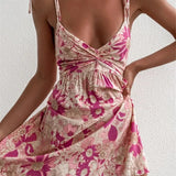 Floral Boho Pink Flower Print Bohemian Beach Style Ruffled Backless Mini Dress