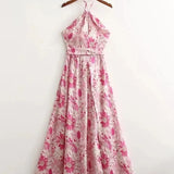 Floral Boho Pink Flower Print Bohemian Beach Style Ruffled Backless Mini Dress