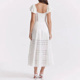 French Vintage Lace Trim A-line Women Square Collar Puff Sleeve Button Up Maxi Dress