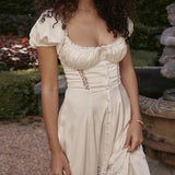 French Vintage Lace Trim A-line Women Square Collar Puff Sleeve Button Up Maxi Dress
