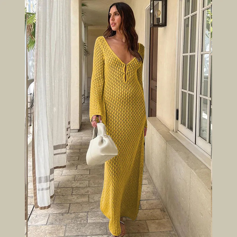 Hollow Out Knitted Backless V Neck Long Dresses Elegant Summer Holiday Outfits Maxi Dress