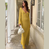 Hollow Out Knitted Backless V Neck Long Dresses Elegant Summer Holiday Outfits Maxi Dress