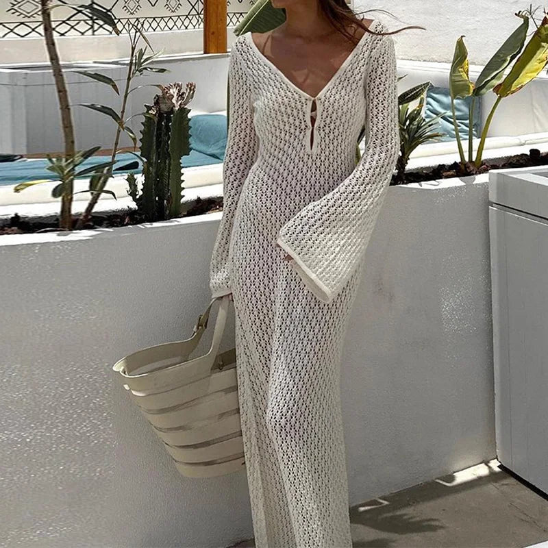 Hollow Out Knitted Backless V Neck Long Dresses Elegant Summer Holiday Outfits Maxi Dress