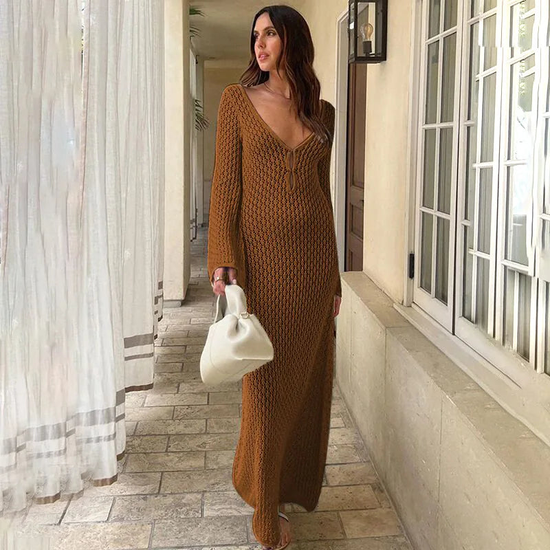 Hollow Out Knitted Backless V Neck Long Dresses Elegant Summer Holiday Outfits Maxi Dress