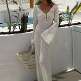 Hollow Out Knitted Backless V Neck Long Dresses Elegant Summer Holiday Outfits Maxi Dress