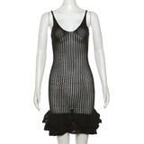 Knit Hipster See Through Pleated Hem Deep v-Neck Backless Sleeveless Clubwear Mini Dress