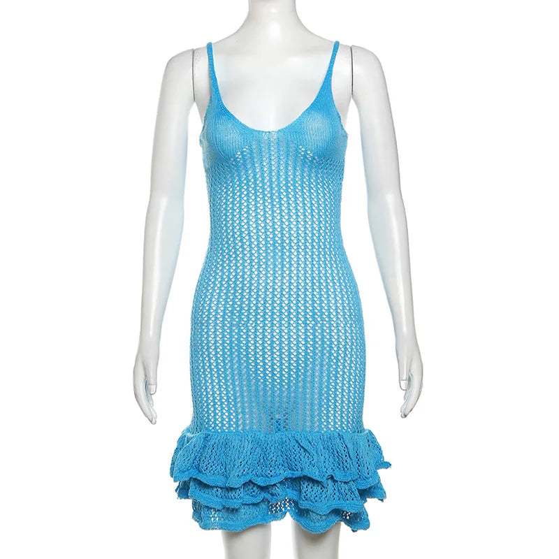 Knit Hipster See Through Pleated Hem Deep v-Neck Backless Sleeveless Clubwear Mini Dress