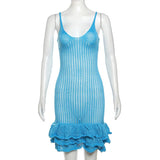 Knit Hipster See Through Pleated Hem Deep v-Neck Backless Sleeveless Clubwear Mini Dress