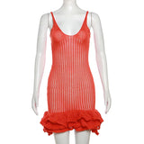 Knit Hipster See Through Pleated Hem Deep v-Neck Backless Sleeveless Clubwear Mini Dress