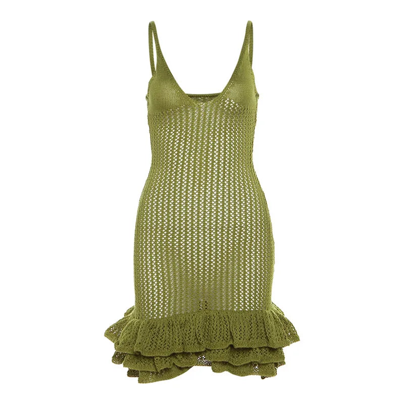 Knit Hipster See Through Pleated Hem Deep v-Neck Backless Sleeveless Clubwear Mini Dress
