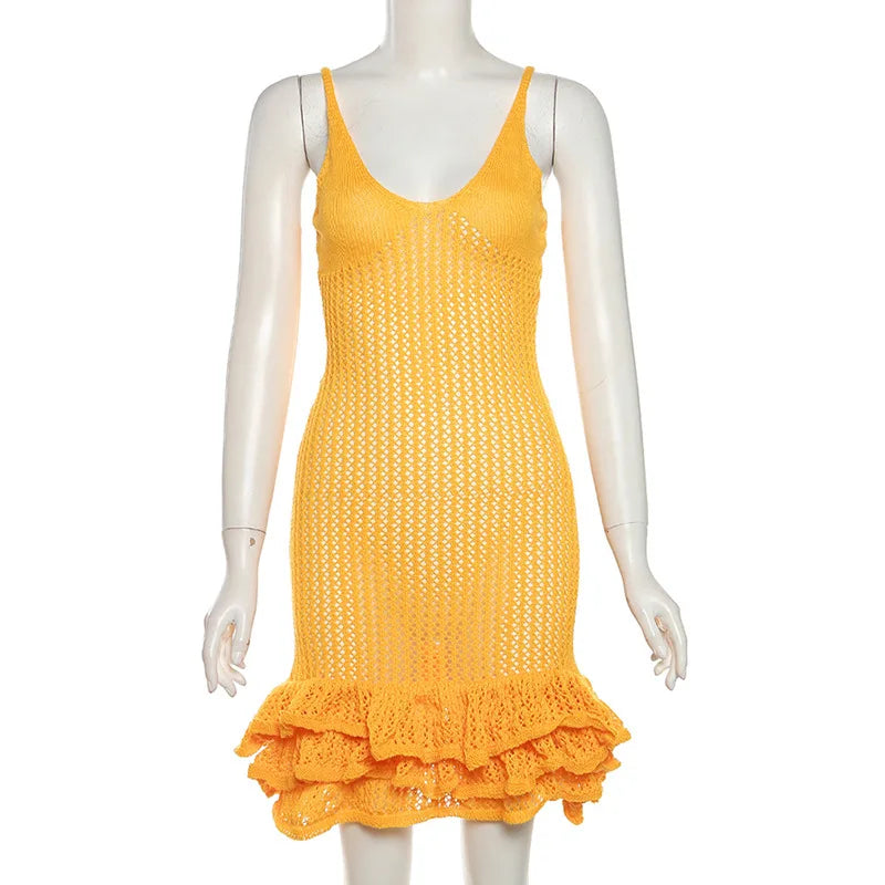 Knit Hipster See Through Pleated Hem Deep v-Neck Backless Sleeveless Clubwear Mini Dress