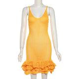 Knit Hipster See Through Pleated Hem Deep v-Neck Backless Sleeveless Clubwear Mini Dress