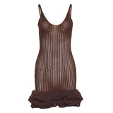 Knit Hipster See Through Pleated Hem Deep v-Neck Backless Sleeveless Clubwear Mini Dress