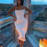 Spaghetti Strap Women Hight Waist Sleeveless Red Party Pullover Elegant Slim Autumn Midi Dress