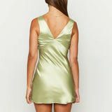 Slip Bodycon Sleeveless V Neck Pleated Slim Fit Summer Club Mini Dress