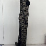 Women's Slim Long Dress Sheer Lace Flower See Through Long-sleeve Off Shoulder Maxi Dress