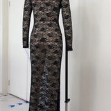 Women's Slim Long Dress Sheer Lace Flower See Through Long-sleeve Off Shoulder Maxi Dress